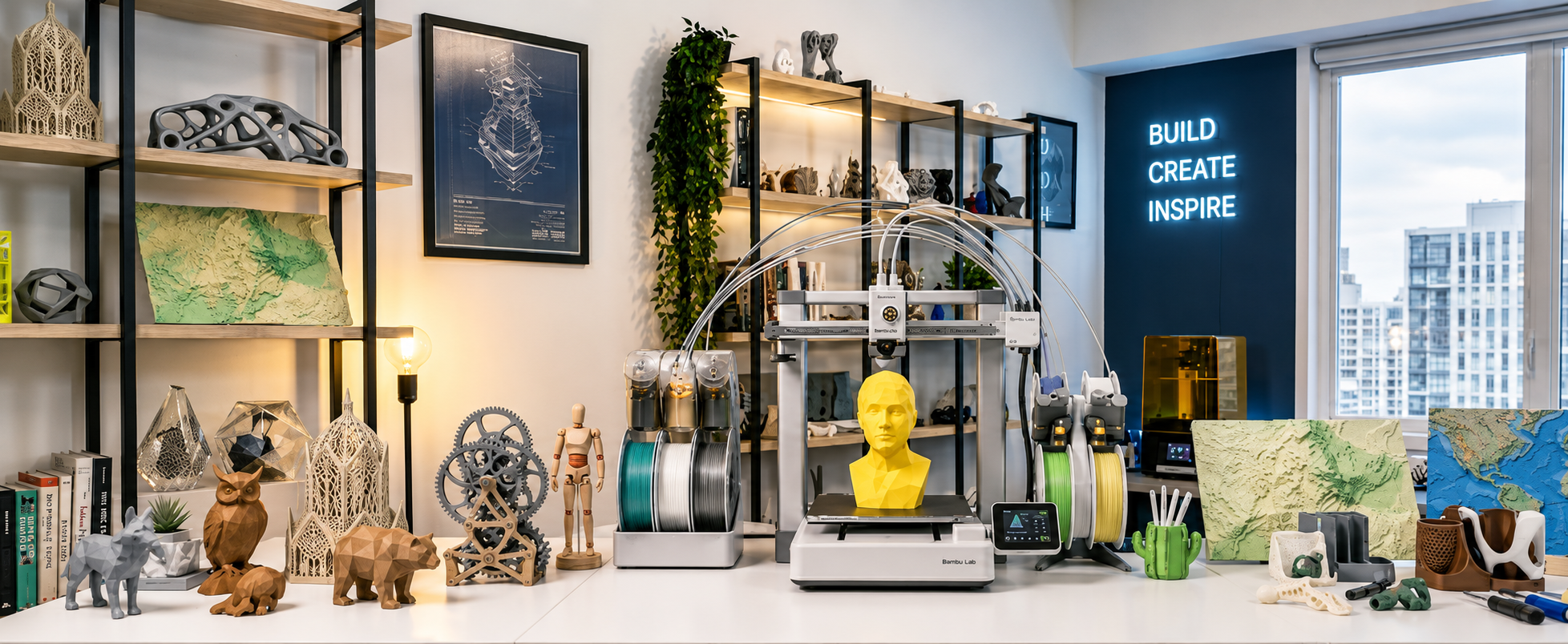 Estúdio Fillare3D com impressora Bambu Lab, peças impressas em prateleiras e materiais de impressão 3D organizados