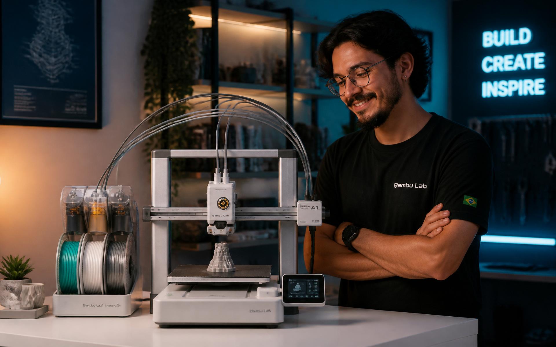 Impressora 3D Bambu Lab A1 Combo em operação em estúdio maker moderno